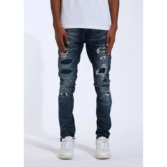 Crysp Denim Men's Distressed Rip & Repair Patchwork Skinny Fit Stretch Jeans
